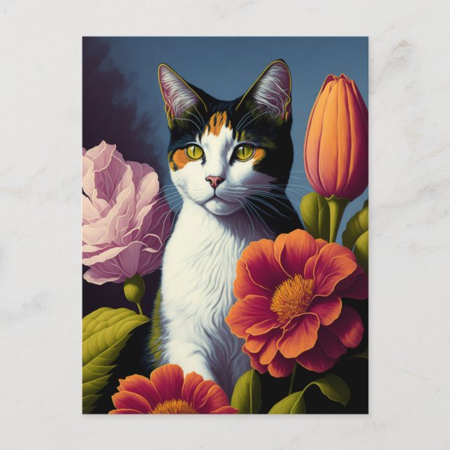 Katze mit Blume Postkarte (Vorderseite)