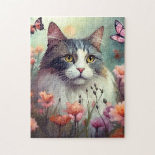 Katze mit Blume und Schmetterlingen Katze 701