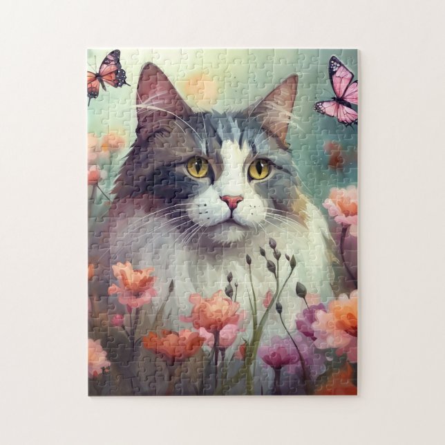 Katze mit Blume und Schmetterlingen Katze 701 (Vertikal)