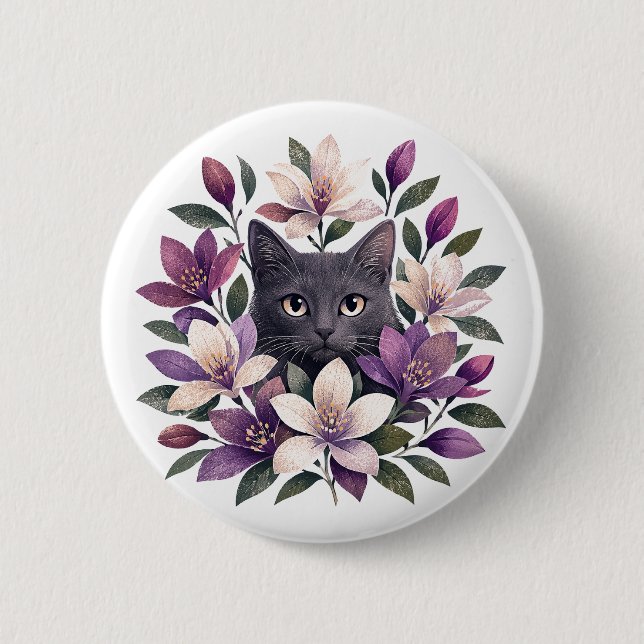 Katze mit Blumen Button (Vorderseite)