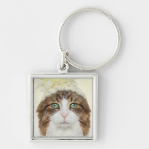 Katze mit Blumen-Hut Schlüsselanhänger