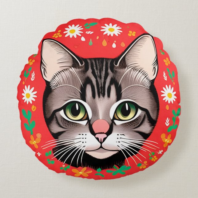 Katze mit Blumenkopfteil Rundes Kissen (Vorderseite)
