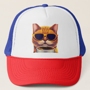 Katze mit Brille Kaffee trinken Truckerkappe