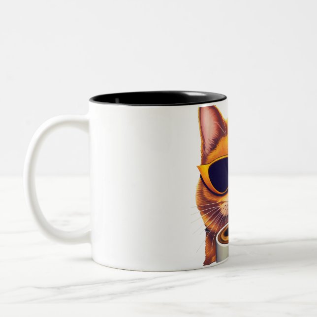 Katze mit Brille Kaffee trinken Zweifarbige Tasse (Links)