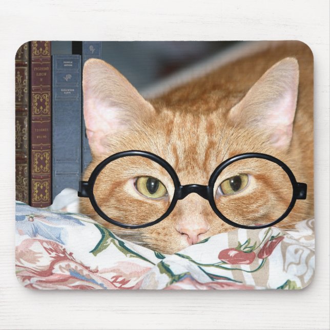 Katze mit Brillen und Büchern Mousepad (Vorne)