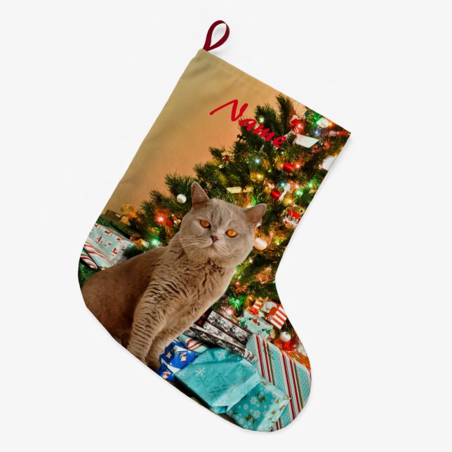 Katze mit dekoriertem Weihnachtsbaum und Geschenkb Großer Weihnachtsstrumpf (Vorderansicht (hängend))
