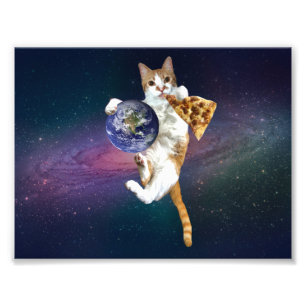 Katze mit dem Planeten und Pizza essen Fotodruck