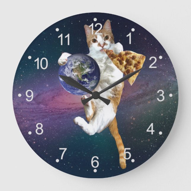 Katze mit dem Planeten und Pizza essen Große Wanduhr (Vorderseite)