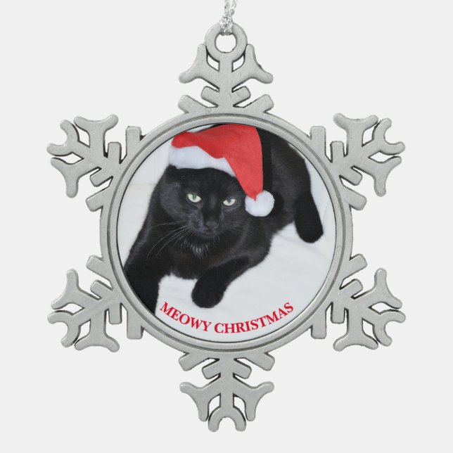 Katze mit der roten Weihnachtsmannmütze Schneeflocken Zinn-Ornament (Vorderseite)