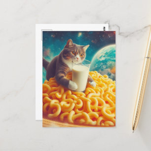 Katze Mit einem Glas Milch auf einem Planeten Käse Postkarte