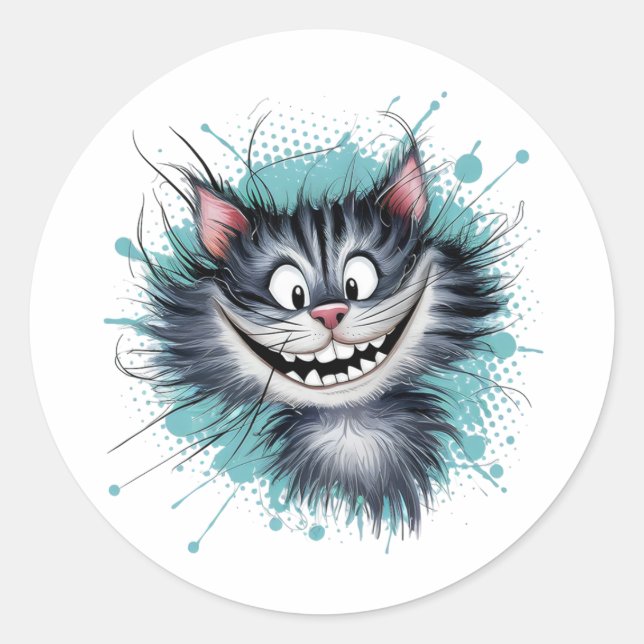 Katze mit einem Lächeln. Runder Aufkleber (Vorderseite)