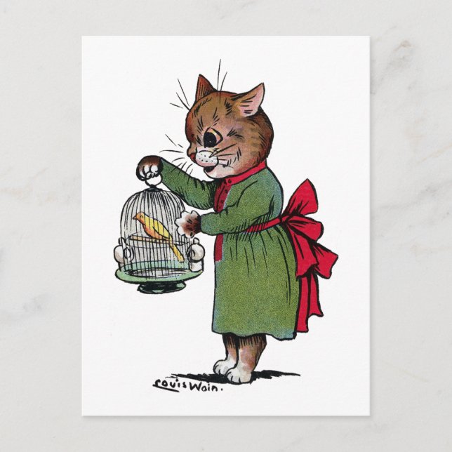 Katze mit einem Vogelkäfig, Louis Wain Postkarte (Vorderseite)