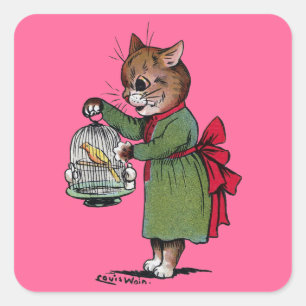 Katze mit einem Vogelkäfig, Louis Wain Quadratischer Aufkleber