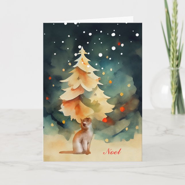 Katze mit einem Weihnachtsbaum im Schnee Karte (Vorderseite)