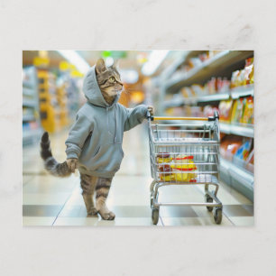 Katze mit Einkaufskorb im Supermarktregal Feiertagspostkarte