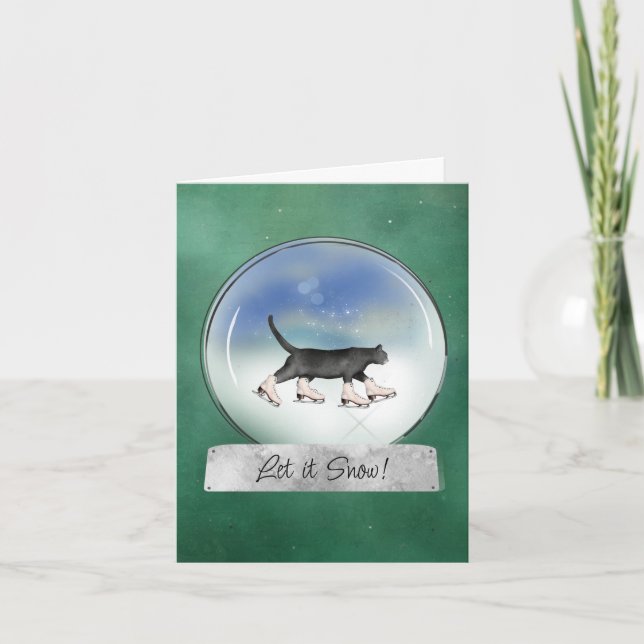 Katze mit Eis-Skaten Snowglobe Weihnachtskarte Karte (Vorderseite)