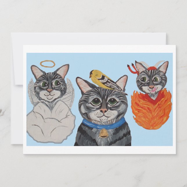 Katze mit Engel und Teufel Einladung (Vorderseite)