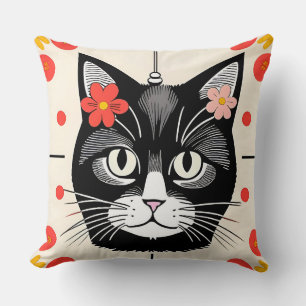 Katze mit farbenfrohen Blumen und grafischen Eleme Kissen