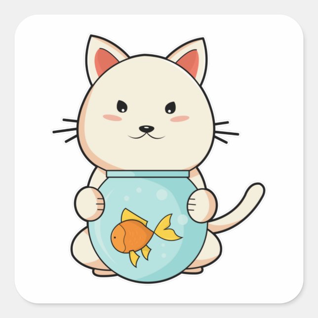 Katze mit Fisch aus Glas Quadratischer Aufkleber (Vorderseite)