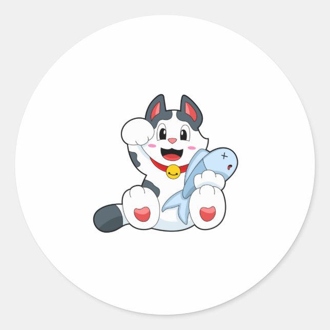 Katze mit Fisch Runder Aufkleber (Vorderseite)