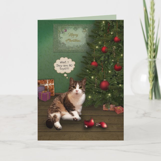 Katze mit gebrochenem Weihnachtsschmuck Feiertagskarte (Vorderseite)