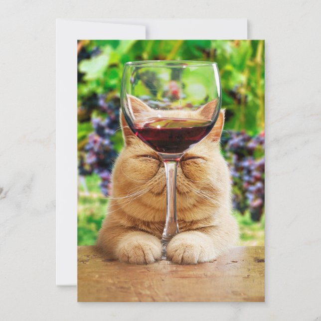 Katze mit Glas Wein Einladung (Vorderseite)