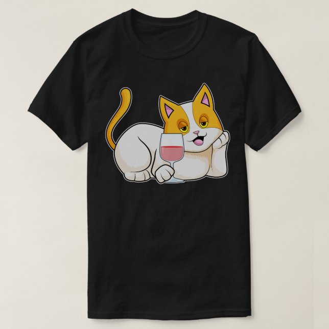 Katze mit Glas Wein T-Shirt (Design vorne)