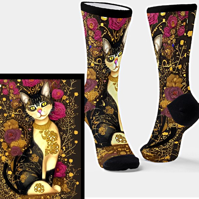 Katze mit goldenem Collar und dunkelrosa Blume Socken (Von Creator hochgeladen)