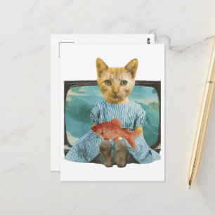 Katze mit Goldfisch im Fernsehen Retro-Collage Postkarte