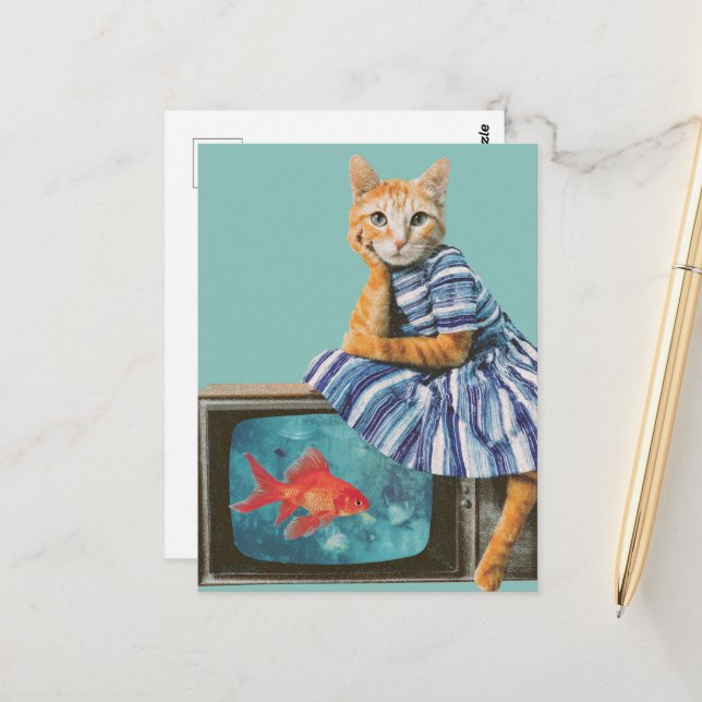 Katze mit Goldfisch im Retro-Fernseh-Collage Postkarte (Vorderseite/Rückseite Beispiel)