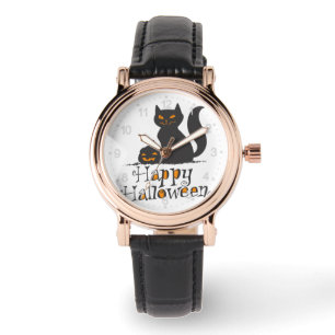 Katze mit Halloween-Kürbis - Rückenfarbe Armbanduhr