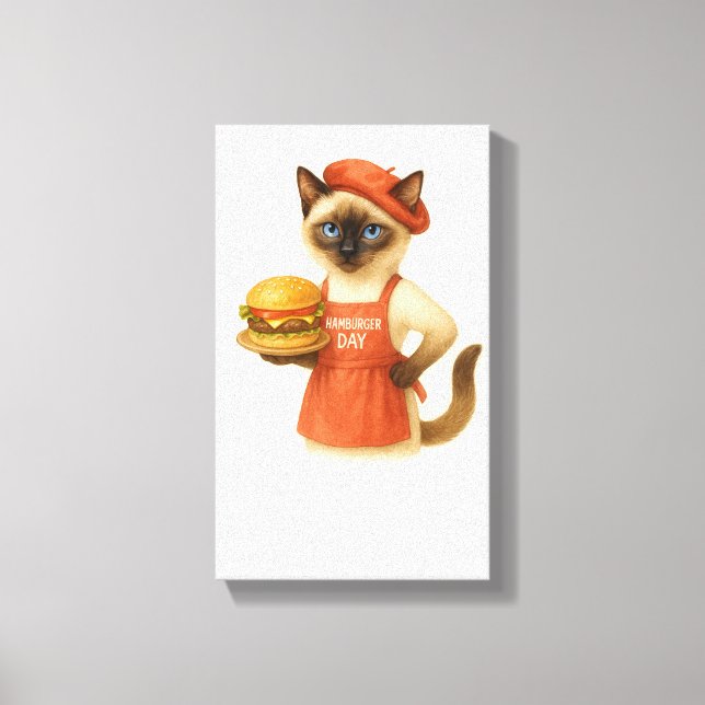 Katze mit Hamburger für Küchendekoration Leinwanddruck (Vorderseite)