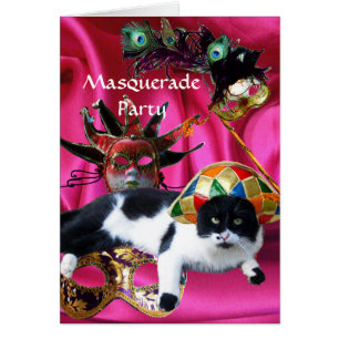 KATZE MIT HARLEKINHUT UND MASKENBALLMASKEN