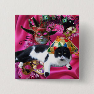 KATZE MIT HARLEQUIN HAT- UND MASQUERADE-PARTY BUTTON
