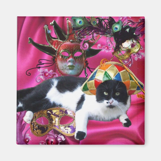 KATZE MIT HARLEQUIN HAT- UND MASQUERADE-PARTY MAGNET (Vorne)