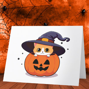Katze mit Hexenhut in Halloween-Kürbisgesicht Dankeskarte