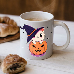 Katze mit Hexenhut in Halloween Kürbislaterne Kaffeetasse