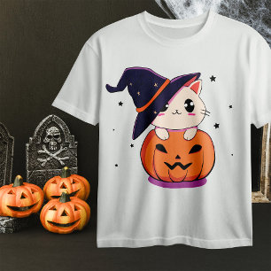 Katze mit Hexenhut in Halloween-Kürbislaterne T-Shirt