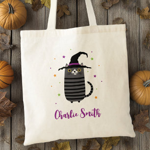 Katze mit Hexenhut und Name niedlich Halloween Tragetasche