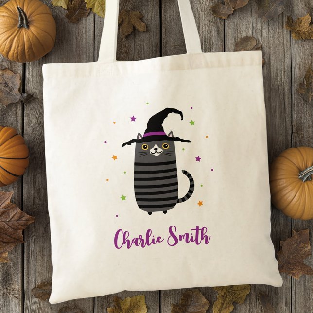 Katze mit Hexenhut und Name niedlich Halloween Tragetasche (Cat with witch hat and name cute Halloween Tote Bag)