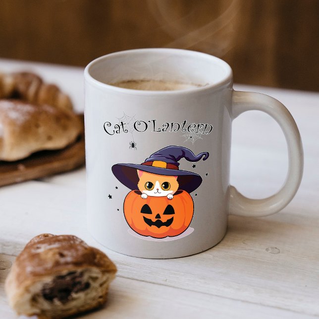 Katze mit Hexenhut zu Halloween Jack-O-Lantern Kaffeetasse (Von Creator hochgeladen)