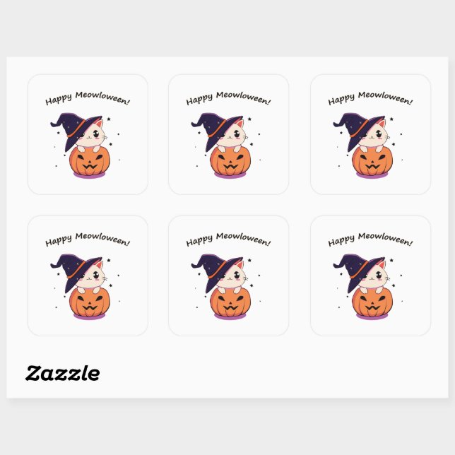 Katze mit Hexenhut zu Halloween Jack-O-Lantern Quadratischer Aufkleber (Blatt)