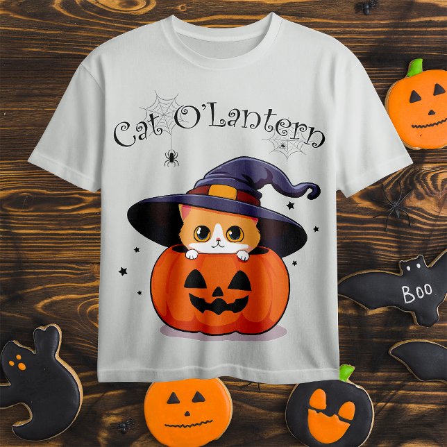 Katze mit Hexenhut zu Halloween Jack-O-Lantern T-Shirt (Von Creator hochgeladen)