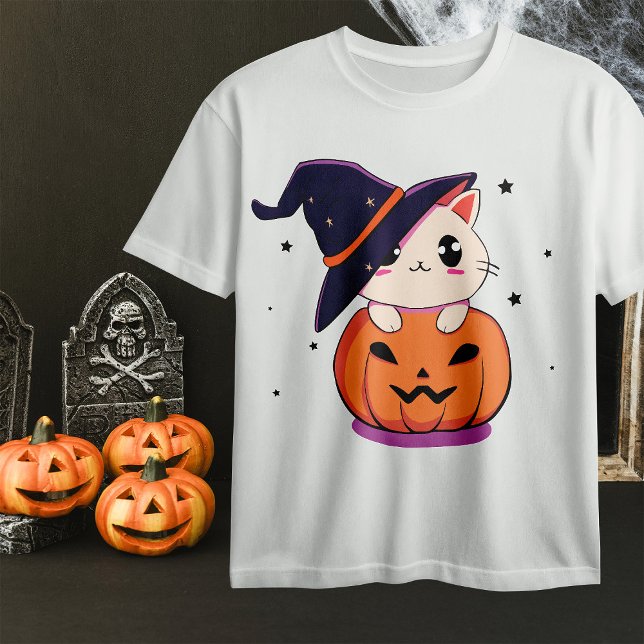 Katze mit Hexenhut zu Halloween Jack-O-Lantern T-Shirt (Von Creator hochgeladen)