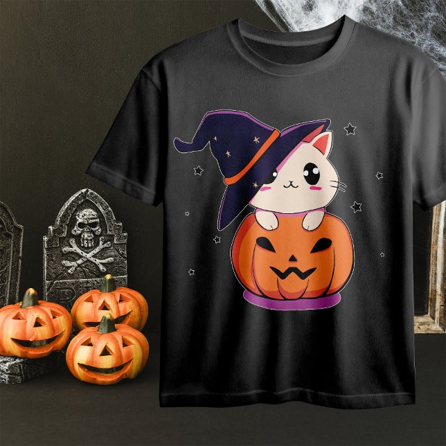 Katze mit Hexenhut zu Halloween Jack-O-Lantern T-Shirt (Von Creator hochgeladen)
