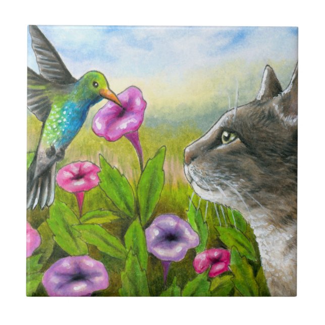 Katze mit Hummingbird 591 Fliese (Vorderseite)