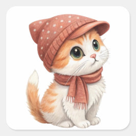 Katze mit Hut und Karpfen, pastellfarben Quadratischer Aufkleber