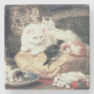 Katze mit ihren Kätzchen auf einem Kissen Steinuntersetzer