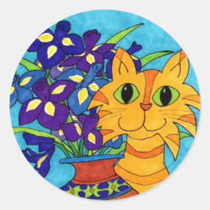 Katze mit Iren in Talavera Vase Runder Aufkleber