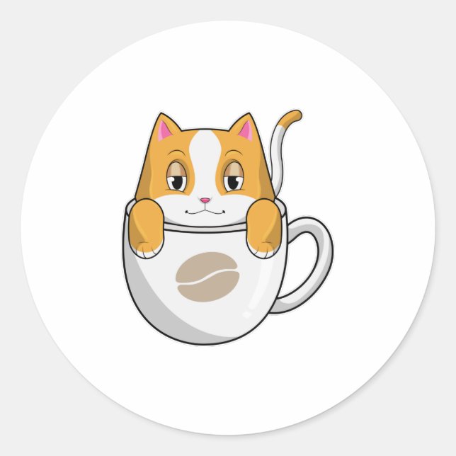 Katze mit Kaffee-Cup Runder Aufkleber (Vorderseite)